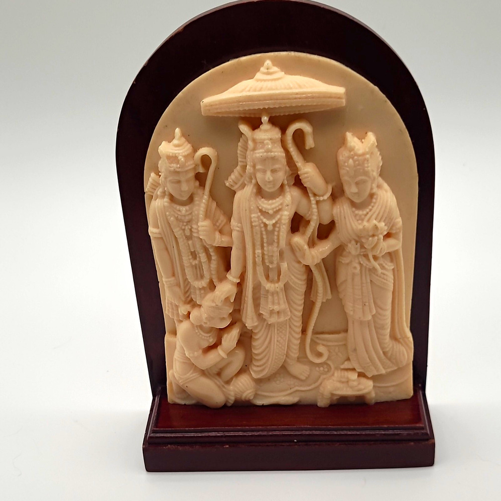 Vintage Ram Darbar Carved Faux Ivory Resin Plaque Rama Sita Hanuman Wooden Stand